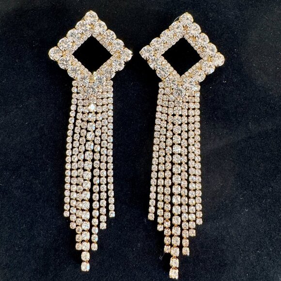 Statement Crystal Fringe Earrings | Diamond Drop Dangle Rhinestone Glam Earrings - Picture 3 of 7